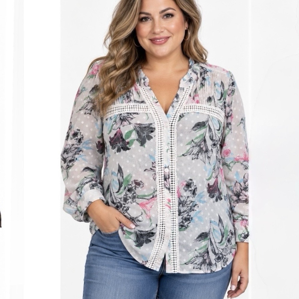 Torrid Pink Floral Chiffon Clip Dot Lace Inset V Neck Top Size 3X Whimsy Office
